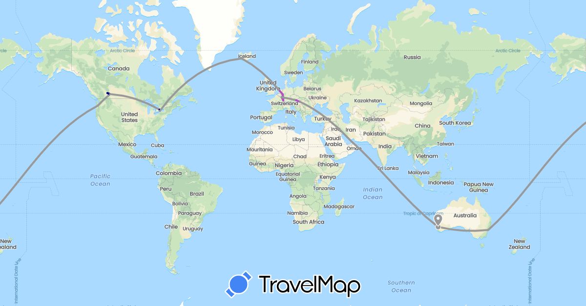 TravelMap itinerary: driving, plane, train in United Arab Emirates, Austria, Australia, Canada, Germany, France, Hungary, Iceland, Luxembourg, Netherlands, United States (Asia, Europe, North America, Oceania)